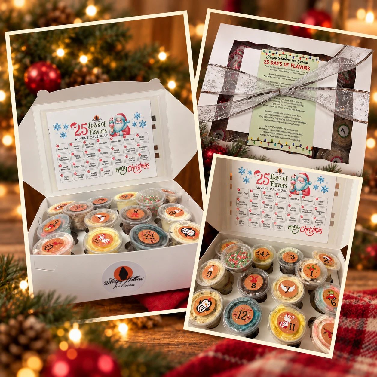 The 25 Days of Flavors advent calendar: open boxes of numbered mini ice cream cups with the flavor card, and a gift-wrapped box with a ribbon