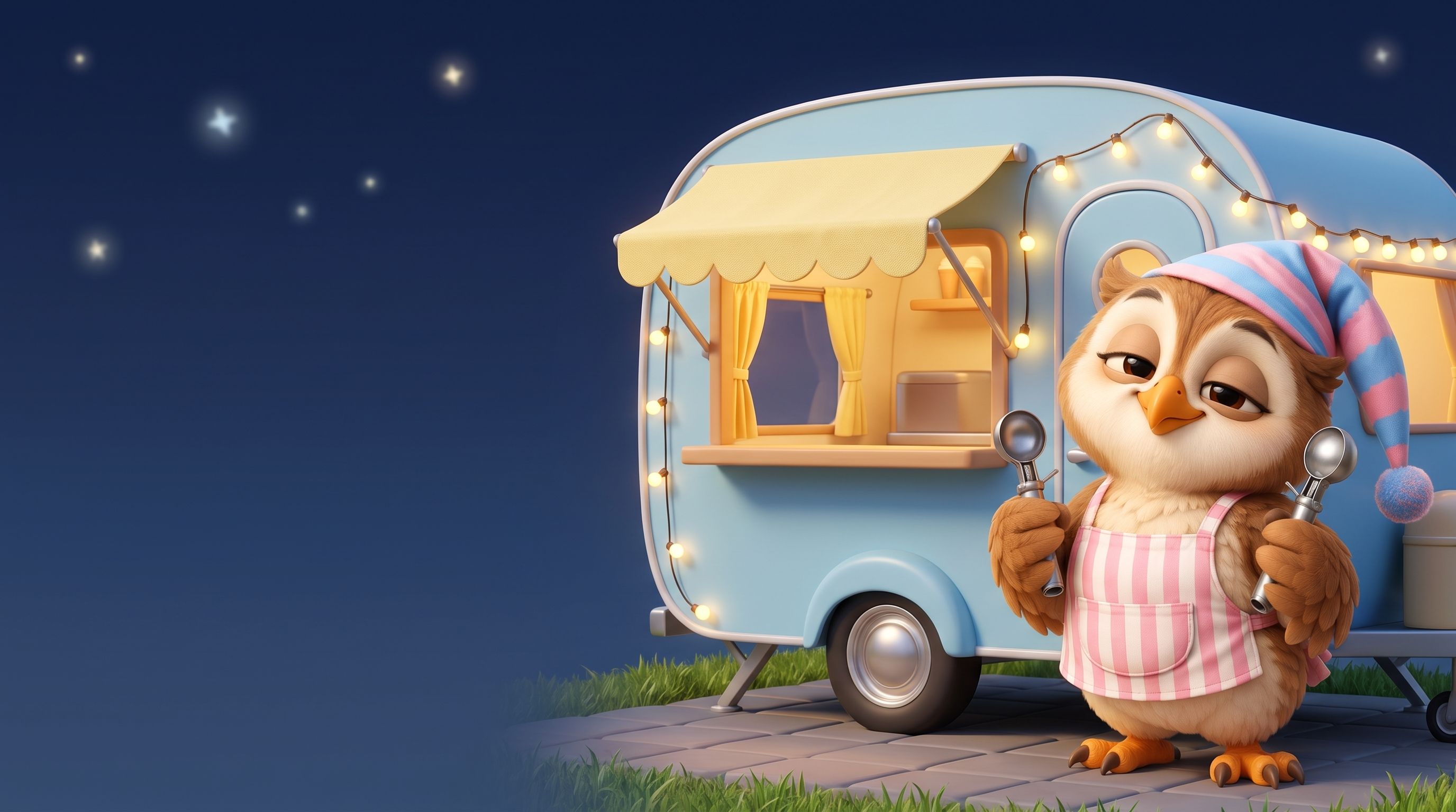 The Sleepy Hollow owl in an apron beside a pastel ice cream trailer under the stars